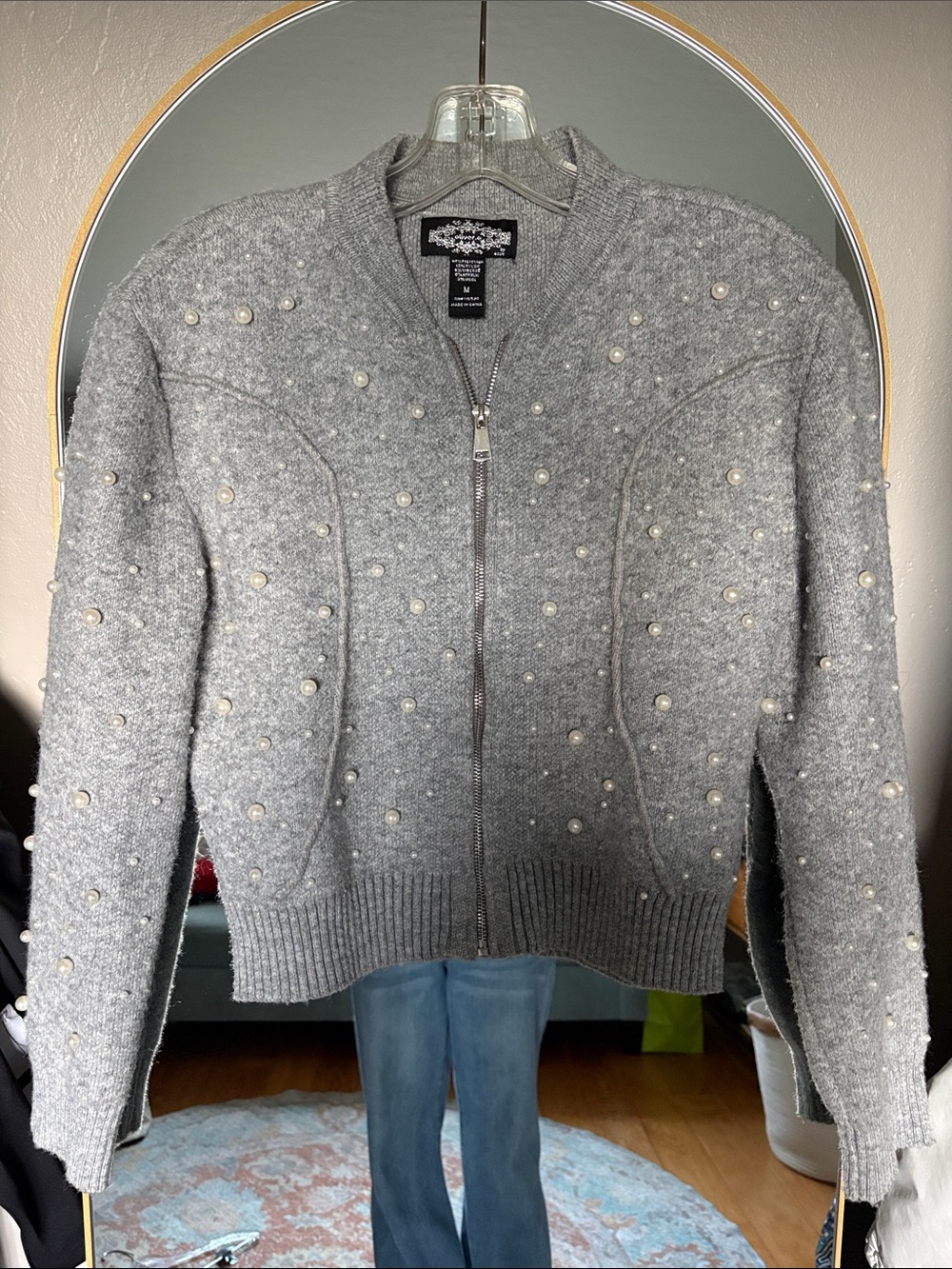 Altar'd State Gray Pearl-Embellished Zip Cardigan